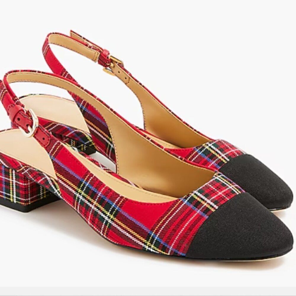J. Crew Women's Plaid Flat Shoes Slingback Pointed Toe Party Red